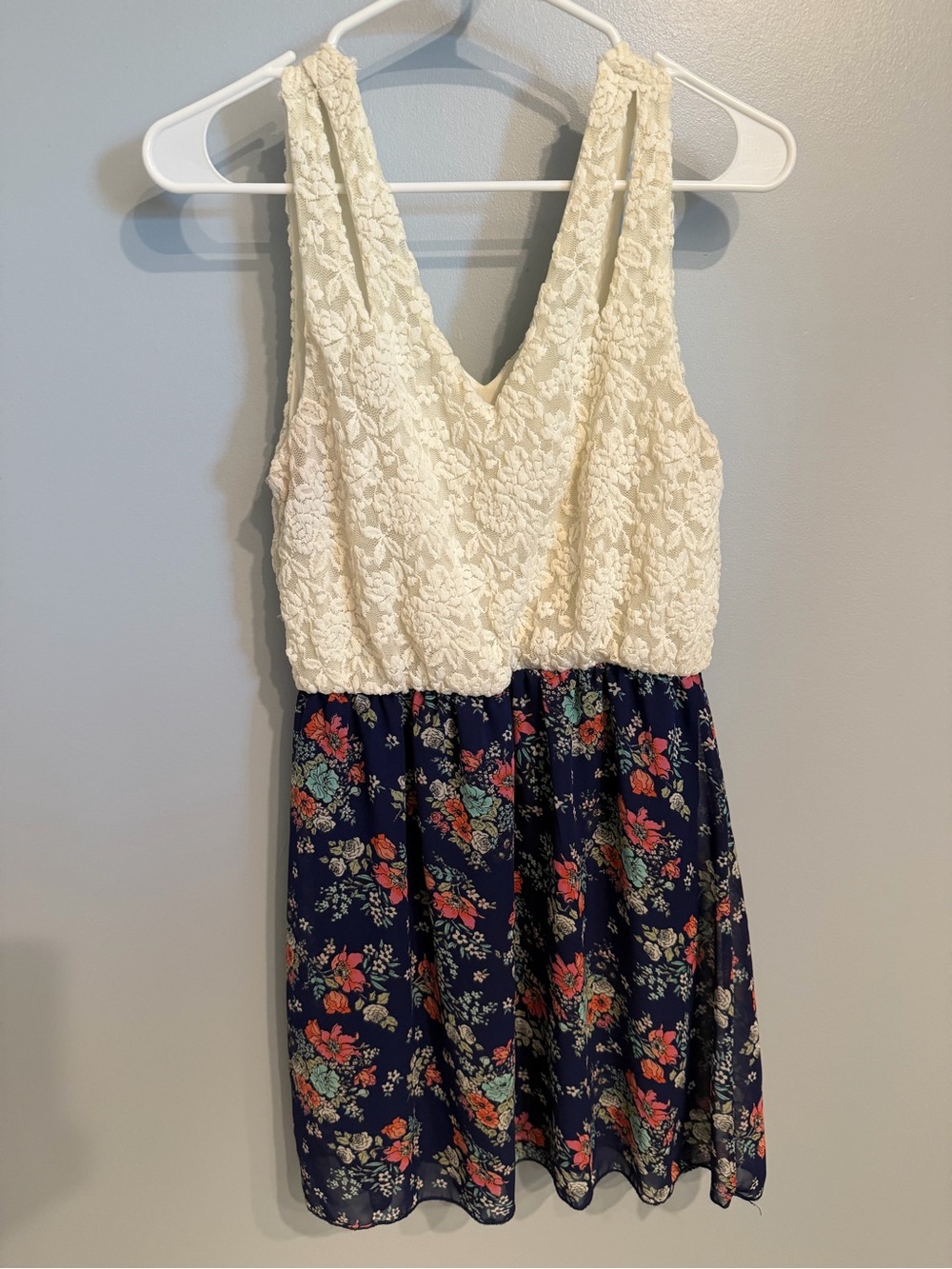 Charlotte Russe Cream Lace & Navy Floral Mini Dress